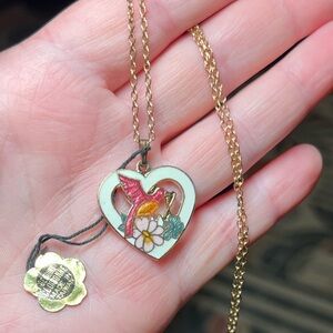 Vintage Cloisonné Enamel Hummingbird Flower Heart Pendant Necklace